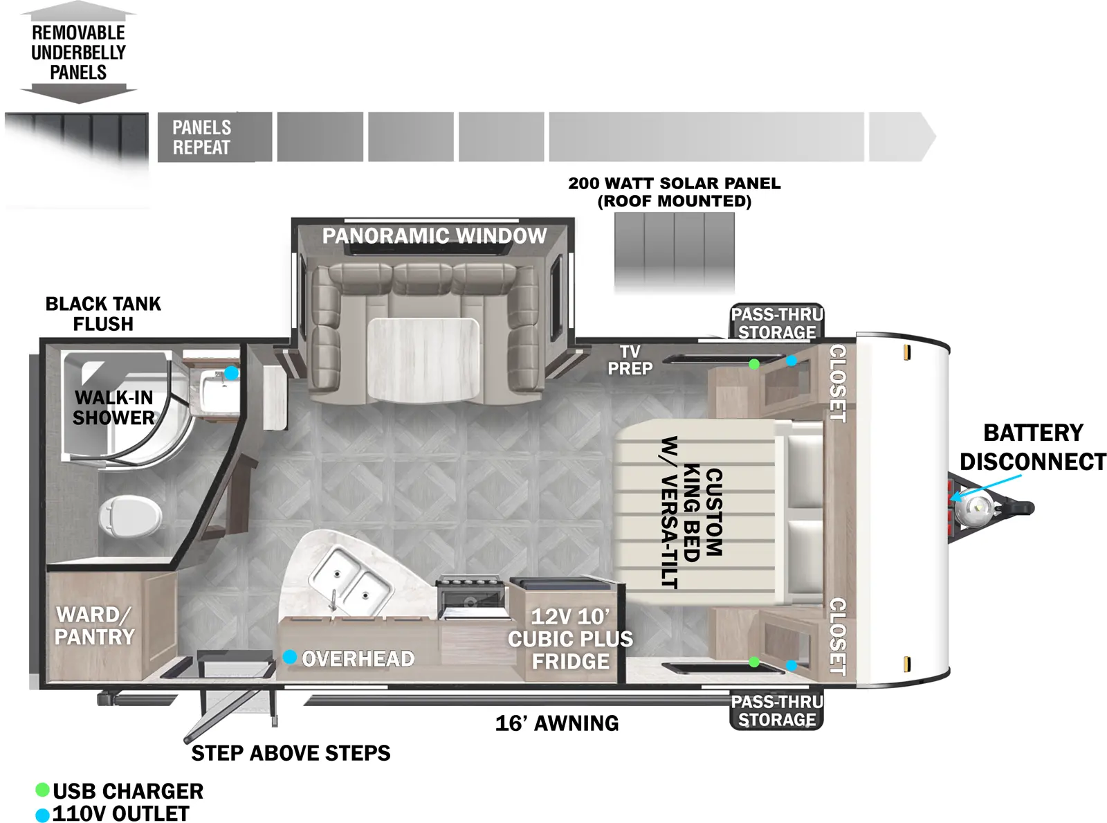 The 210RBXL has one slideout and one entry. Exterior features front pass through storage, battery disconnect, StepAbove entry steps, and 12 foot awning. Interior layout front to back: custom king bed with closets on each side; off-door side slideout with u-dinette and panoramic window; door side oversized refrigerator, cooktop, overhead cabinet, peninsula kitchen counter with sink, and entry; rear off-door side full bathroom with walk-in shower; rear door side wardrobe/pantry.